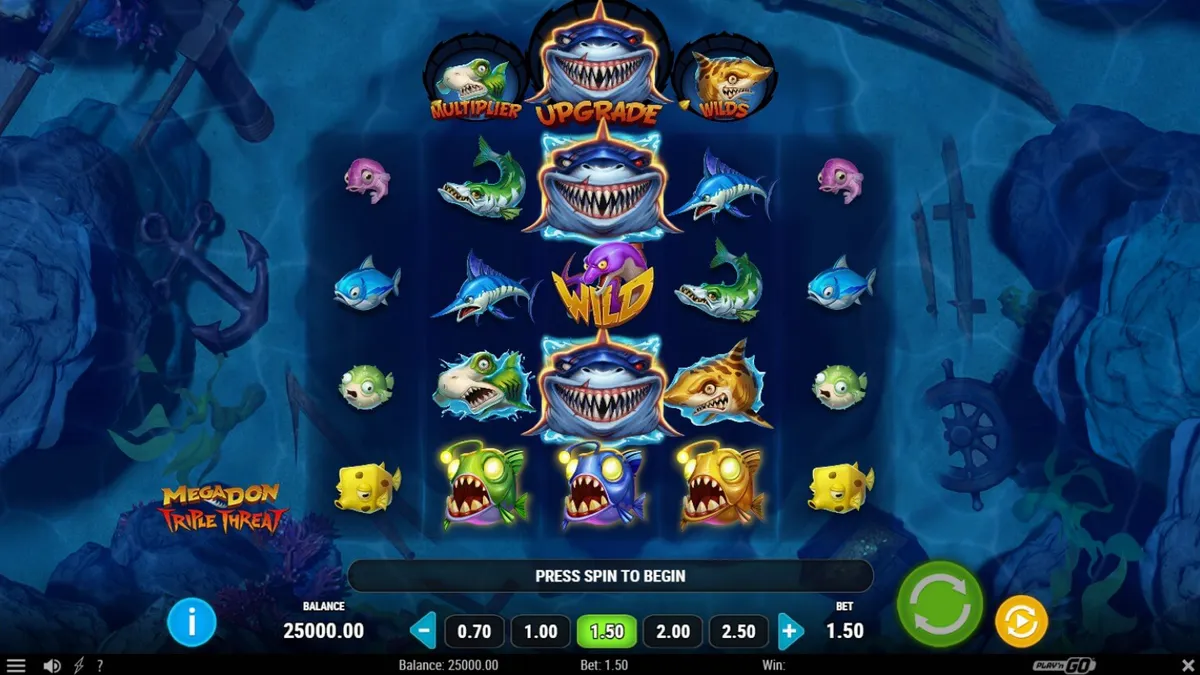 Pemandangan bawah laut yang dramatis dengan hiu predator di slot Megadon Triple Threat