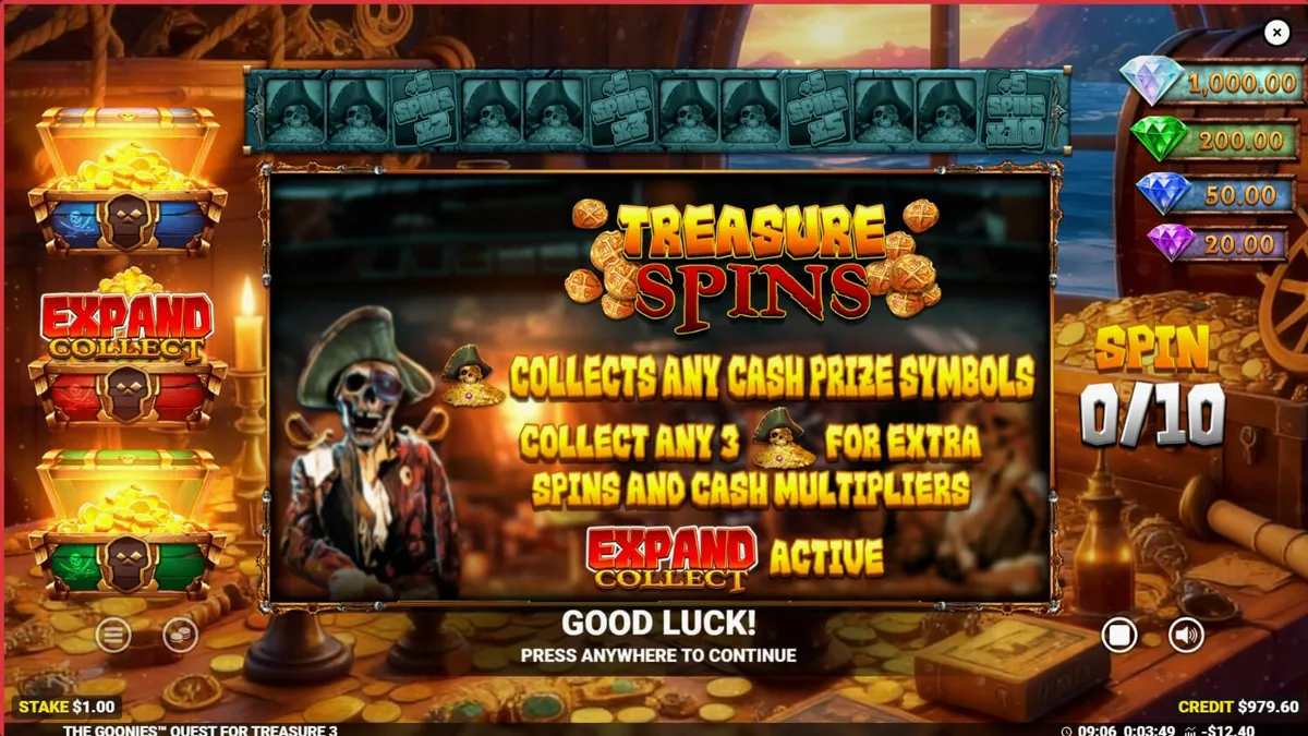 Tampilan visual slot The Goonies Quest for Treasure 3 dengan elemen bajak laut dan karakter film.