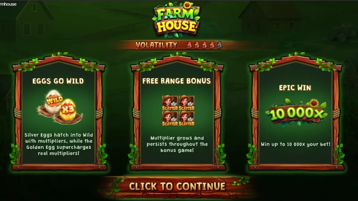 Tampilan visual slot Farm House dengan tema peternakan pedesaan yang ceria dan penuh warna.
